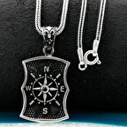 Özel Pusula Tasarımlı Atlas Zemin Detaylı Kalın Zincirli 925 Ayar Gümüş Erkek Kolye