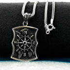 Özel Pusula Tasarımlı Atlas Zemin Detaylı Kalın Zincirli 925 Ayar Gümüş Erkek Kolye