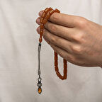 Sıkma Kehribar Kazaz Püsküllü 1000 Ayar Gümüş Tesbih