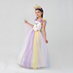 Desenli Tarlatanlı Unicorn Desenli Tarlatanlı Renkli Çocuk Kostümü - Unicorn Taçlı Kostüm