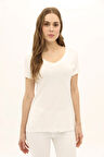 Daido Kadın V Yaka Kısa Kollu Pamuklu Basic T-Shirt 5982 Ekru