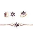 Gümüş Pazarım Ametist Taşlı Aster Çiçeği Gümüş Set