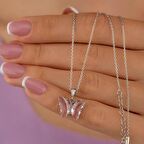 Gümüş Pazarım Toz Pembe Taşlı Kelebek Gümüş Kolye