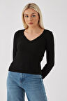 V Yaka Saç Örgülü Bluz