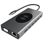 Daytona B15W Macbook Uyumlu Type-C To 3xUSB 3.0 4xUSB 2.0 Gigabit Ethernet HDMI 4K UHD VGA SD Micro SD Kart Okuyucu Aux PD Kablosuz Şarj Özellikli 15