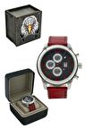 Beşiktaş Orijinal Multifonksiyon Erkek Kol Saati Kırmızı Deri Kordonlu Hediyelik Ahşap Ku
