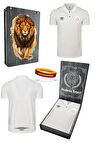 Galatasaray Orijinal Lisanslı Polo Yaka Beyaz T-Shirt + Bileklik Set Hediyelik Ahşap Kut