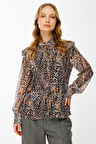 Ekol Kadın Yakası Bağcıklı Desenli Bluz 2063 Kakao