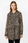 Ekol Kadın Büyük Beden Leopar Desenli Şifon Bluz 2529 Camel