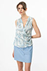 Ekol Kadın Desenli Kruvaze Bluz 3094 Mavi