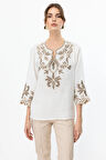 Ekol Kadın Önü İşlemeli Keten Bluz 3934 Ekru
