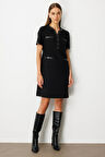 Ekol Kadın Deri Detaylı Midi Elbise 4083 Siyah