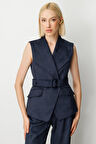 Ekol Kadın Beli Kemerli Kapak Cepli Yelek 5065 Lacivert