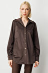 Ekol Kadın İnce Fitilli Kadife Gömlek 3045 Kahverengi