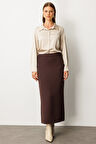 Ekol Kadın Büyük Beden Arkası Yırtmaç Görünümlü Krep Etek 2033 Kahverengi