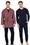 Robdöşambır Ve Lacivert Penye Uzunkollu Pijama Damat Çeyiz Seti