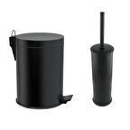 FKN Pedallı Siyah Çöp Kovası - Papatya Siyah Klozet Fırçası Banyo Seti