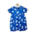 Kız Çocuk Elbise Dijital Baskılı Penye Mavi Renkli Yandan Torba Cepli