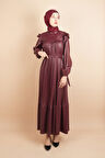 Tesettür Piliseli Elbise Kolları Vatka Detaylı Deri Elbise Bordo