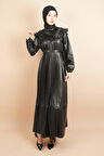 Tesettür Piliseli Elbise Kolları Vatka Detaylı Deri Elbise Siyah