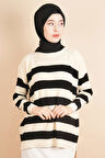 Kadın Tesettür Çizgili Prinç Örgü Kazak Bej