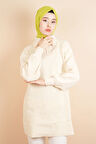 Yarım Fermuarlı Fitilli Tunik Kazak Krem