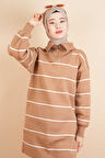 Yarım Fermuarlı Kalın Aralıklı Çizgili Tunik Kazak Bej
