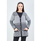 Fresh&Moda Kadın Siyah Beyaz  Desenli Triko Düğmeli Cepli Kışlık Anne Hırkası