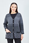 Kadın Siyah Gri Desenli Triko Düğmeli Cepli Kışlık Anne Hırkası