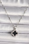 316L Çelik Gümüş Renk Zirkon Taşlı Siyah Yonca Model Kadın Kolye