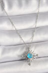 HediyeMarketim  Çelik Gümüş Renk Zincir Mavi Taş Detaylı Kuzey Yıldızı Model Kadın Kolye