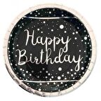 Gümüş Happy Bırthday Varak Baskılı Siyah Tabak