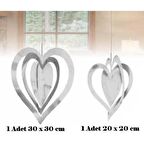 İç İçe Kalp Süs 2 li Metalize Gümüş