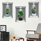 3D Çiçek Vazo Duvar Sticker 3 lü Set GRİ Fon 