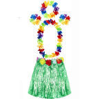 Yetişkin ve Çocuk Uyumlu Luau Aloha Hawaii Yeşil Etek ve Renkli Kolye Taç 2 Adet Bileklik Seti 