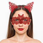 Ateş Kırmızısı Dantel Taç ve Maske Seti 10 No - Maskeli Balo &amp;amp;amp; Özel Gün Seti 