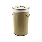 YUVARLAK HASIR - AHŞAP KİRLİ ÇAMAŞIR SEPETİ 37X60CM SEYYAR KAPAKLI İÇİ BEZLİ İP KULPLU 