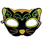 Siyah Kadife Kaplama Üzeri Sarı Yeşil Sim İşlemeli Kedi Maskesi 20x13 Cm 