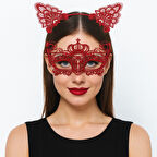 Lüks Kırmızı Dantel Taçlı Maske Seti 2 No - Parti, Balo, Kostüm Aksesuarı 