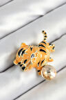 Zirkon Taşlı Siyah Çizgili Turuncu Kaplan Figürlü Gold Renk Kadın Broş - Lisinya