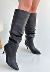 Zelya Siyah Cilt Topuklu Çizme İnce Topuklu- Lisinya