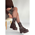 Linma Kahverengi Cilt Bağcıklı Topuklu Bot - Lisinya