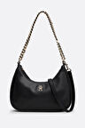 Kadın Marka Logolu Deri Ayarlanabilir Omuz Çantası - Siyah  | XL