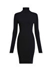 Calvin Klein Jeans Balıkçı Yaka Düz Siyah Kısa Kadın Elbise WOVEN LABEL TIGHT SWEATER DRESS