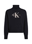 Calvin Klein Jeans Balıkçı Yaka Standart Nakışlı Siyah Kazak Kadın CHENILLE MONOLOGO SWEATER