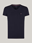 Erkek Göğüste Küçük Marka Bayrak Logolu Kaşmir ve Organik Pamuklu V Yakalı Kollarda Marka Bayrak Logolu Lacivert T-Shirt MW0MW27540-DW5