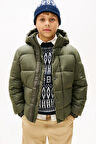 Erkek Çocuk Kabartma Yazı Logolu Kapüşonlu Şişme Mont - Haki | 12 Yaş