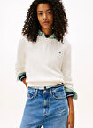 Tommy Jeans Yuvarlak Yaka Standart Nakışlı Beyaz Kazak Kadın DW0DW22165YBH