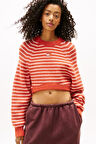 Kadın Boxy Fit Çizgili Yün Karışımlı Crop Kazak - Kırmızı | S