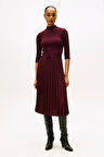 Kadın Fitilli Beli Büzgülü Eteği Piliseli Midi Elbise - Bordo | L
